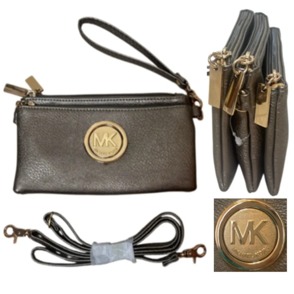 Michael Kors Crossbody Wristlet Metallic Multi Compartments Pewter Silver Gold